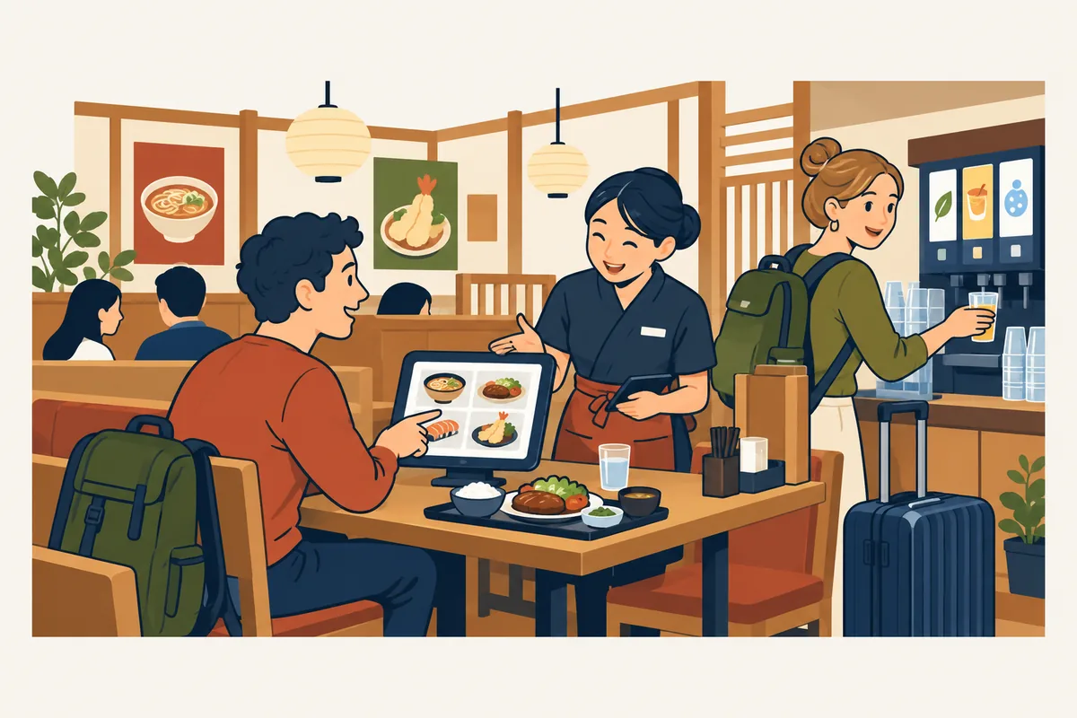 Illustration: one traveler orders on the tablet at the table while another refills a glass at the drink bar, with a staff member nearby