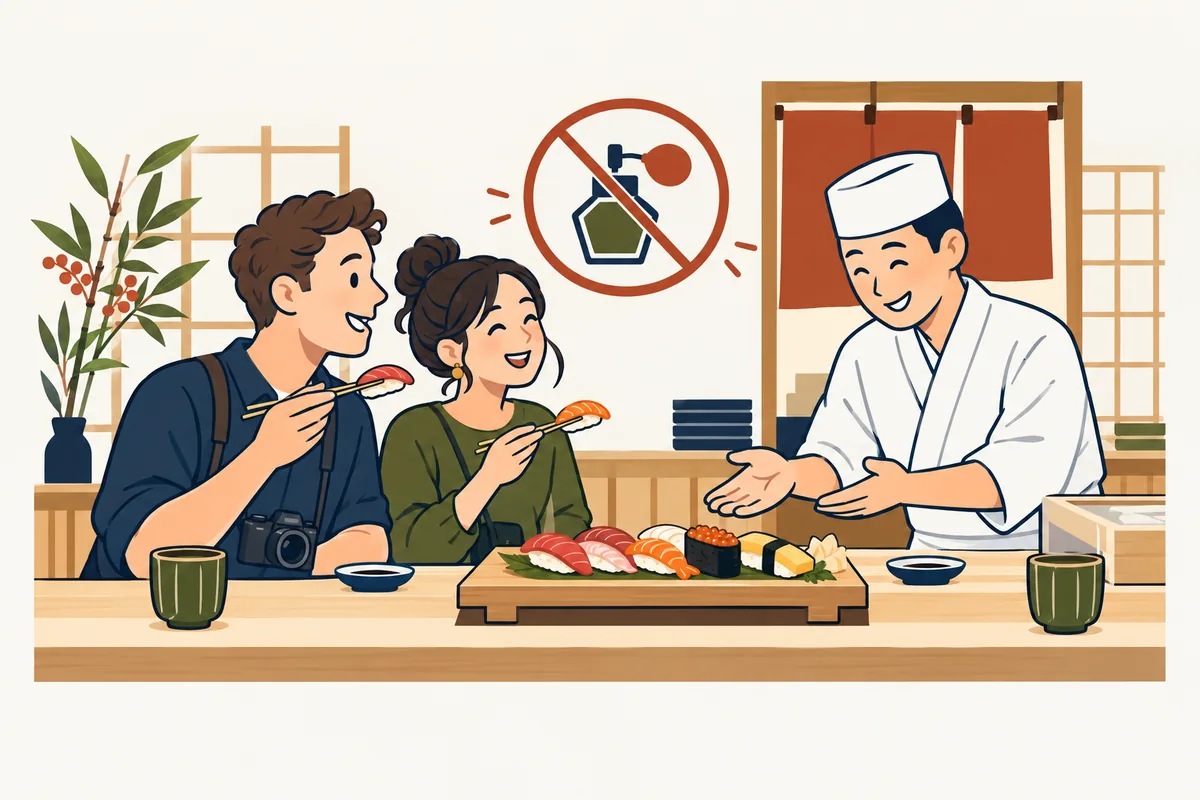 Illustration: travelers enjoying sushi at a counter served by a smiling chef, with a crossed-out perfume bottle symbol on the wall